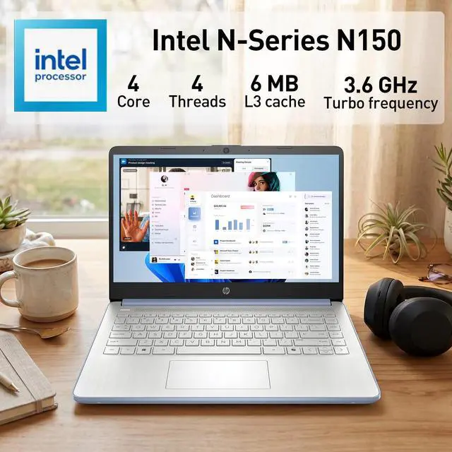 Alt view image 3 of 7 - HP dq6012dx 14" Laptop, Intel N150 Processor (Up to 3.6GHz), 4GB RAM, 128GB eMMC Storage, 14-inch Micro-Edge Display, Wi-Fi 6, Webcam, HDMI, Windows 11 Home in S Mode, Blue, Bundle PCO Cooler (Blue)