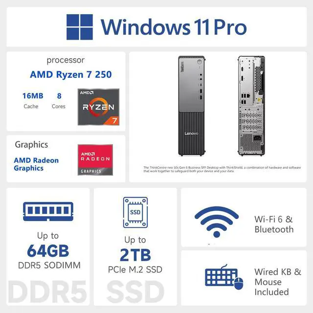 Alt view image 2 of 7 - Lenovo ThinkCentre Neo 55s SFF Business AI Desktop, AMD Ryzen 7 250 (up to 5.10 GHz), 64GB DDR5, 1TB SSD, Wi-Fi 6, DP, Support 2-Monitor 4K, Wired KB & Mouse, Win 11 Pro, Flash Drive Bundle