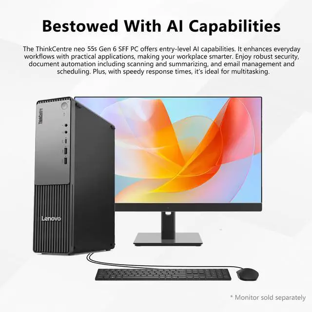 Alt view image 4 of 7 - Lenovo ThinkCentre Neo 55s SFF Business AI Desktop, AMD Ryzen 7 250 (up to 5.10 GHz), 64GB DDR5, 1TB SSD, Wi-Fi 6, DP, Support 2-Monitor 4K, Wired KB & Mouse, Win 11 Pro, Flash Drive Bundle