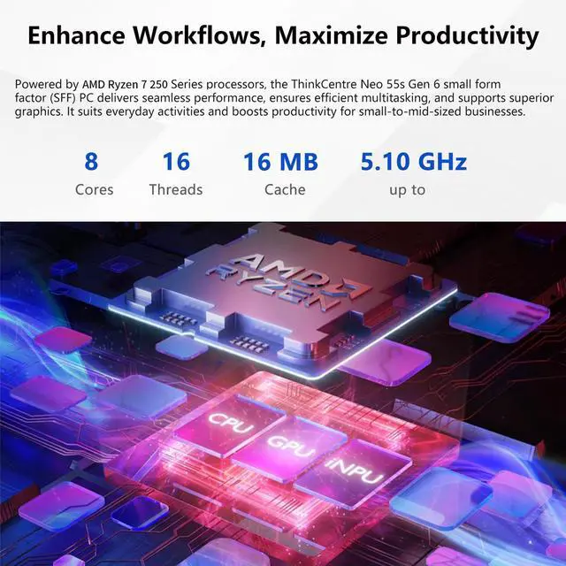 Alt view image 3 of 7 - Lenovo ThinkCentre Neo 55s SFF Business AI Desktop, AMD Ryzen 7 250 (up to 5.10 GHz), 64GB DDR5, 1TB SSD, Wi-Fi 6, DP, Support 2-Monitor 4K, Wired KB & Mouse, Win 11 Pro, Flash Drive Bundle