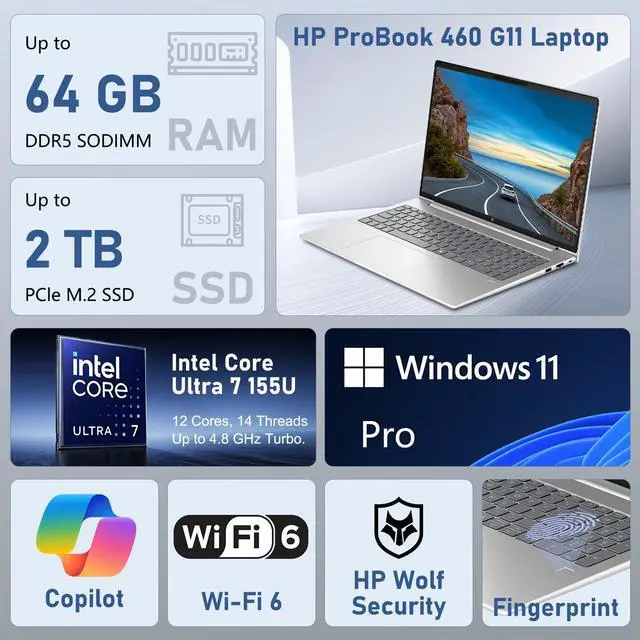 Alt view image 2 of 7 - HP ProBook 460 G11 Business AI Laptop, Intel Core Ultra 7 155U, 16" FHD+ IPS, 16GB DDR5, 512GB SSD, Fingerprint, 1080p IR Camera, Backlit, HDMI, Wi-Fi 6, Windows 11 Pro, 64GB Flash Drive Bundle