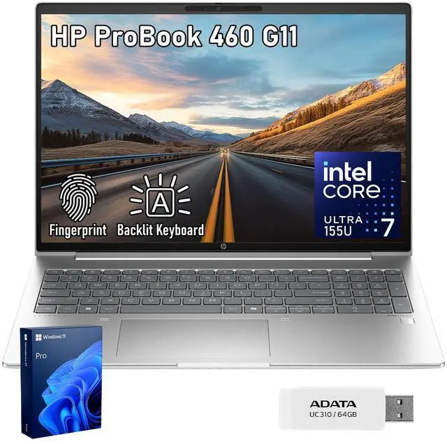 Main image of HP ProBook 460 G11 Business AI Laptop, Intel Core Ultra 7 155U, 16" FHD+ IPS, 16GB DDR5, 512GB SSD, Fingerprint, 1080p IR Camera, Backlit, HDMI, Wi-Fi 6, Windows 11 Pro, 64GB Flash Drive Bundle
