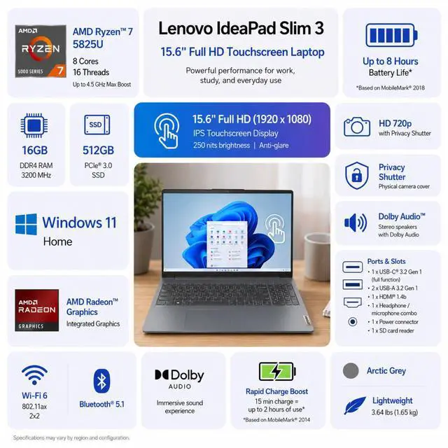 Alt view image 2 of 7 - Lenovo IdeaPad Slim 3 Businese Laptop, 15.6" FHD Touchscreen, AMD Ryzen 7 5825U, 16GB RAM, 2TB SSD, Wi-Fi 6, Windows 11 Home