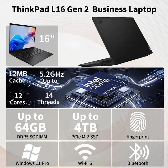 Alt view image 2 of 7 - Lenovo ThinkPad L16 Premium Business Laptop, 16" FHD+, Intel Core Ultra 7 255U, 64GB DDR5, 2TB SSD, Fingerprint, Backlit, Wi-Fi 6E, Long Battery Life, Windows 11 Pro, AI-Ready PC, w/Bundle Set