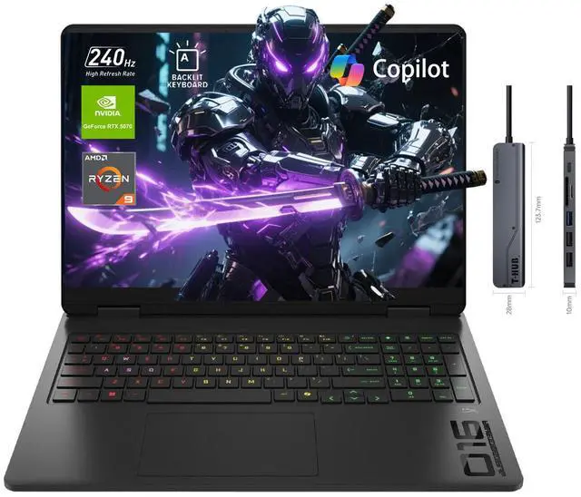Main image of HP Omen RTX 5070 Gaming Laptop, 16.1" WQXGA 240Hz, AMD Ryzen 9 8940HX, 32GB DDR5 RAM, 1TB SSD, RGB Backlit KB, Low Blue Light, Bundle with Thunderobot 7 in-1 USB-C Hub, Black, Windows 11 Home