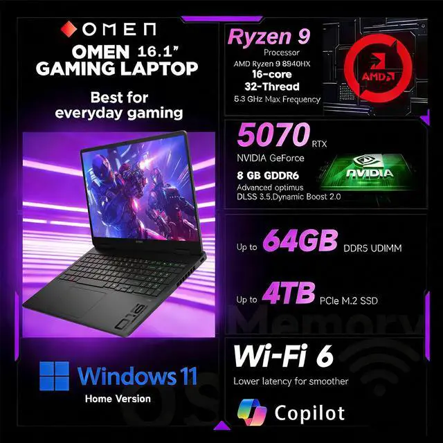 Alt view image 2 of 7 - HP Omen RTX 5070 Gaming Laptop, 16.1" WQXGA 240Hz, AMD Ryzen 9 8940HX, 32GB DDR5 RAM, 1TB SSD, RGB Backlit KB, Low Blue Light, Bundle with Thunderobot 7 in-1 USB-C Hub, Black, Windows 11 Home