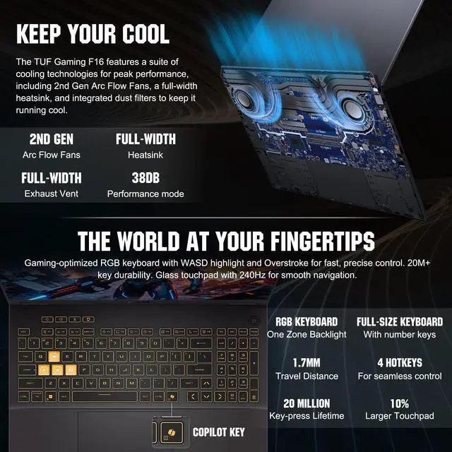 Alt view image 5 of 6 - ASUS TUF Gaming F16 Gaming Laptop, Intel Core i5-13450HX, 16" FHD+ 165Hz Anti-Glare Display, GeForce RTX 5050, 32GB DDR5, 2TB SSD, RGB Backlit KB, IR Camera, HDMI, Windows 11 Home, w/Bundle