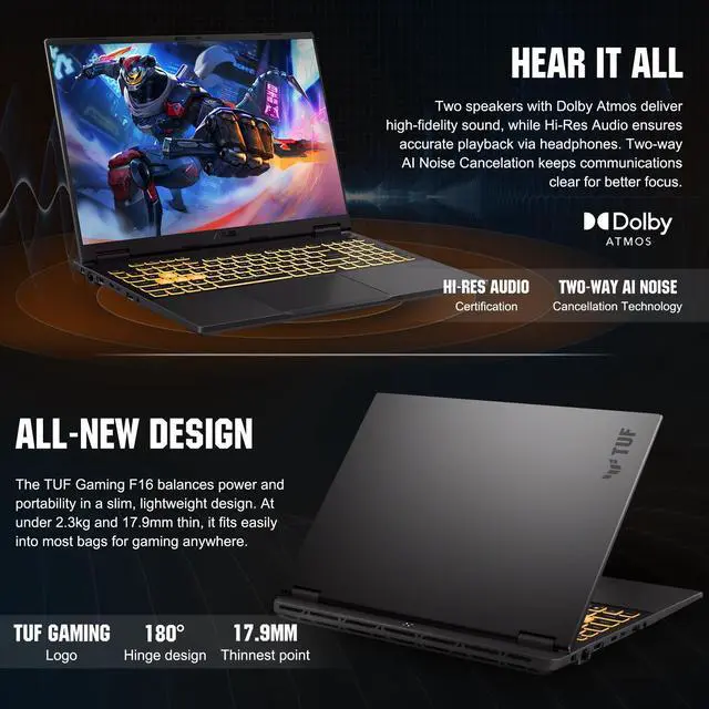 Alt view image 6 of 6 - ASUS TUF Gaming F16 Gaming Laptop, Intel Core i5-13450HX, 16" FHD+ 165Hz Anti-Glare Display, GeForce RTX 5050, 32GB DDR5, 2TB SSD, RGB Backlit KB, IR Camera, HDMI, Windows 11 Home, w/Bundle