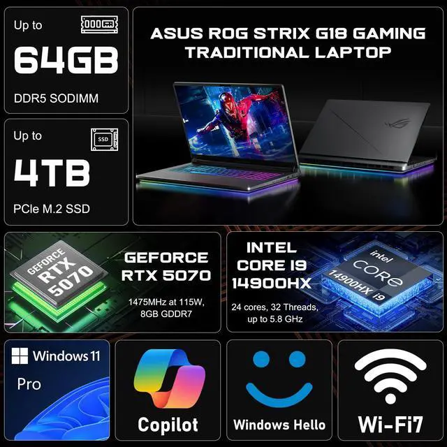 Alt view image 2 of 7 - ASUS ROG Strix G18 Gaming Laptop, 18" FHD+ IPS Display, Intel Core i9-14900HX, GeForce RTX 5070, 64GB DDR5, 1TB SSD, 4-Zone RGB Backlit, HDMI, Wi-Fi 7, Windows 11 Pro