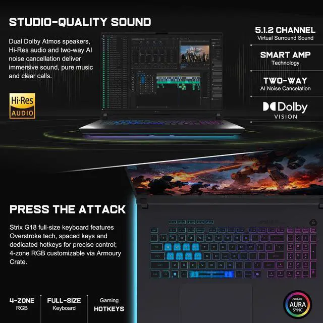 Alt view image 6 of 7 - ASUS ROG Strix G18 Gaming Laptop, 18" FHD+ IPS Display, Intel Core i9-14900HX, GeForce RTX 5070, 64GB DDR5, 1TB SSD, 4-Zone RGB Backlit, HDMI, Wi-Fi 7, Windows 11 Pro