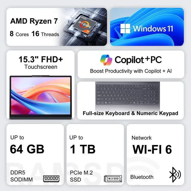 Alt view image 2 of 7 - Lenovo IdeaPad Slim 3 15.3" FHD+ Touchscreen Laptop, Latest Gen AMD Ryzen 7 170(>Ryzen 7 7730U), Radeon 680M Graphics, 16GB DDR5, 512GB SSD, Wi-Fi 6, Numeric Keypad, Windows 11 Home, Grey