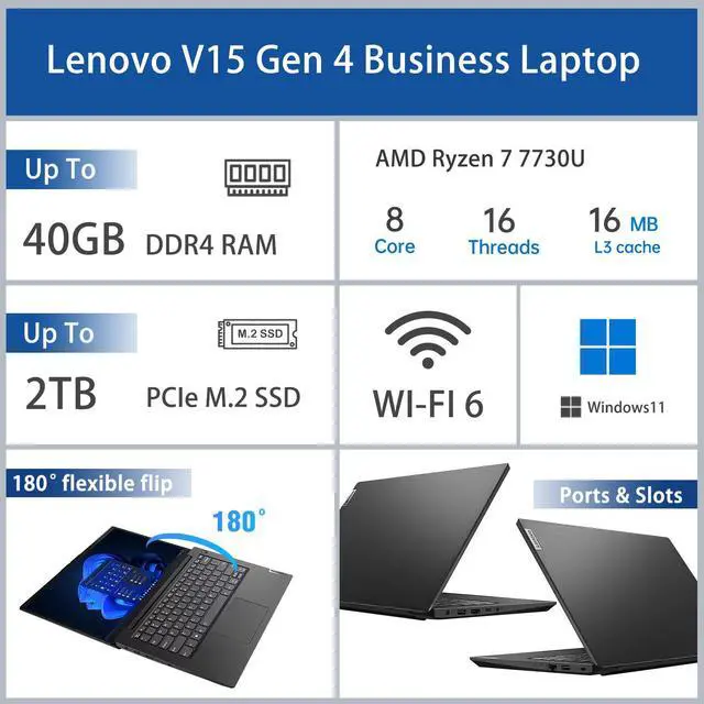 Alt view image 2 of 5 - Lenovo V15 Lapto, 15.6" FHD Anti-Glare, AMD Ryzen 7 7730U, 40GB RAM, 2TB SSD, HDMI, Type-C, Wi-Fi 6, AI Copilot, Windows 11 Pro, Black, Bundle with PCO Cooler