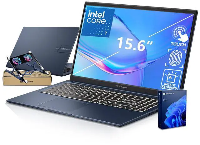 Main image of ASUS Vivobook 15 Laptop, Core 7 150U(5.4GHz, >i7 1255U), 15.6" FHD Touchscreen, 40GB DDR5 RAM, 1TB SSD, Fingerprint for Secure Login, Backlit Keyboard, Win11 Pro for Professionals, Blue, PCO Bundle