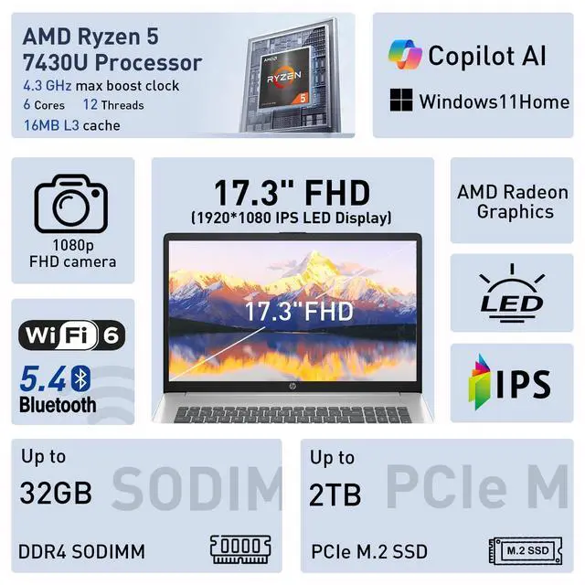 Alt view image 2 of 7 - HP 17.3 FHD IPS LED Anti-Glare 300 nits Laptop, AMD Ryzen 5 7430U 6-core CPU, 16GB RAM, 512GB Storage, Webcam w/Shutter, Microsoft Copilot Key, Wi-Fi 6, BT 5.4, Win11H, w/Laptop Cooler, 17-cp3000