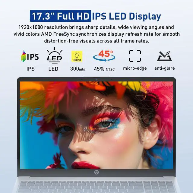 Alt view image 2 of 6 - HP 17.3 FHD IPS LED Anti-Glare 300 nits Laptop, AMD Ryzen 5 7430U 6-core CPU, 8GB RAM, 256GB Storage, Webcam w/Shutter, Microsoft Copilot Key, Wi-Fi 6, BT 5.4, Windows 11 Home