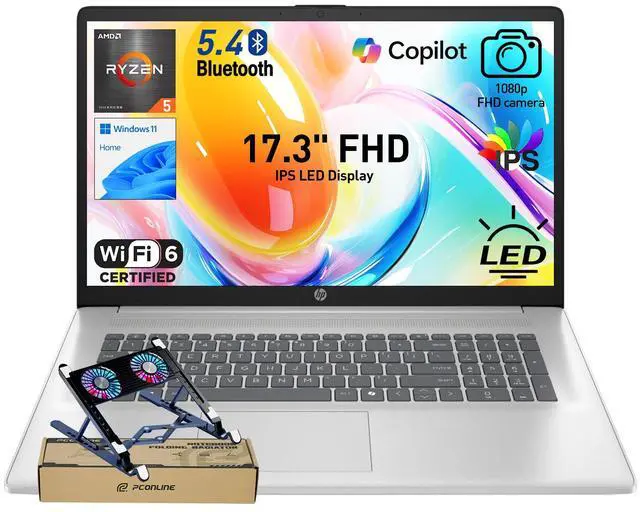 Main image of HP 17.3 FHD IPS LED Anti-Glare 300 nits Laptop, AMD Ryzen 5 7430U 6-core CPU, 16GB RAM, 512GB Storage, Webcam w/Shutter, Microsoft Copilot Key, Wi-Fi 6, BT 5.4, Win11H, w/Laptop Cooler, 17-cp3000