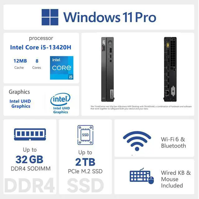 Alt view image 2 of 7 - Lenovo ThinkCentre neo 50q Business MFF Desktop, Intel Core i5 13420H, 8GB RAM, 512GB SSD, Support 2-Monitor 4K, DP, HDMI, Type-C, Wired KB & Mouse, Wi-Fi 6, Windows 11 Pro, w/Bundle