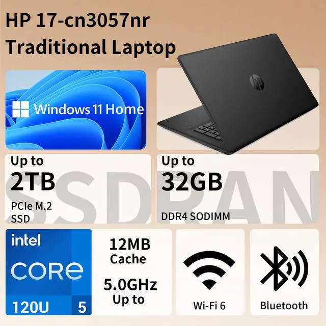 Alt view image 2 of 7 - HP 17.3" HD+ Laptop for Students & Remote Office Workers, Intel Core 5 120U 10-Core Processor up to 5.0 GHz, 32GB RAM, 2TB SSD, Webcam Shutter, Numeric Keypad, Wi-Fi 6, Black, w/PCO Laptop Cooler