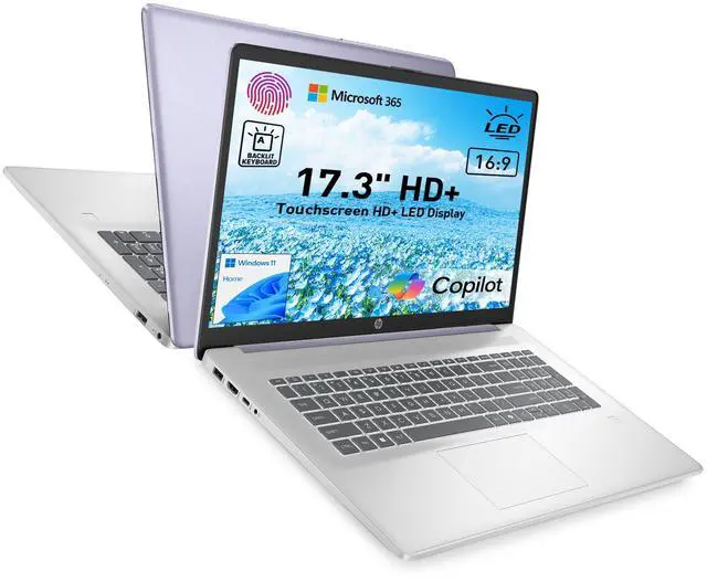 Main image of HP 17.3" Touchscreen Laptop w/Microsoft 365, 8GB RAM, 128GB SSD, Webcam w/Shutter, Fingerprint Reader, Backlit Keyboard, Microsoft Copilot Key, Intel Quad-Core CPU, Win11, Lavender