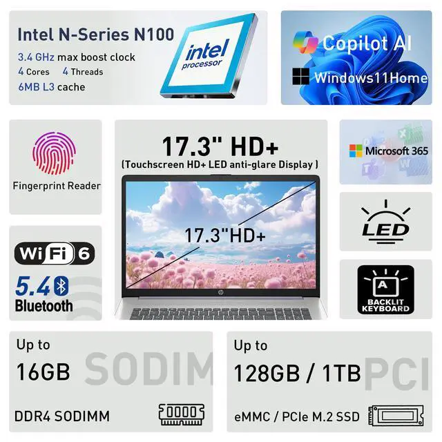 Alt view image 2 of 7 - HP 17.3" Touchscreen Laptop w/Microsoft 365, 8GB RAM, 128GB SSD, Webcam w/Shutter, Fingerprint Reader, Backlit Keyboard, Microsoft Copilot Key, Intel Quad-Core CPU, Win11, Lavender