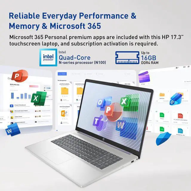Alt view image 6 of 7 - HP 17.3" Touchscreen Laptop w/Microsoft 365, 8GB RAM, 128GB SSD, Webcam w/Shutter, Fingerprint Reader, Backlit Keyboard, Microsoft Copilot Key, Intel Quad-Core CPU, Win11, Lavender