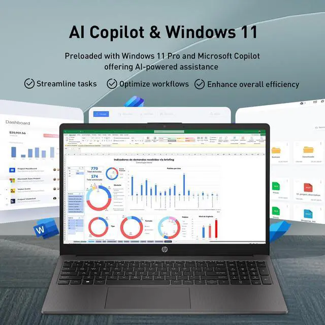 Alt view image 7 of 7 - HP 255 G10 Business Laptop 15.6" FHD Laptop, AMD Ryzen 3 7330U, 8GB RAM, 512GB SSD, Webcam w/ shutter, Numeric Keypad, Microsoft Copilot, HDMI, Wi-Fi 6, Windows 11 Pro, Dark Ash Silver