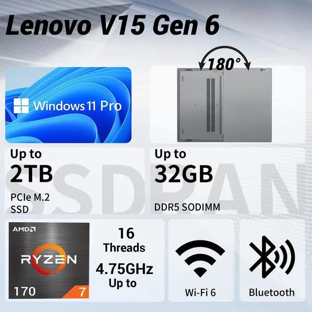 Alt view image 2 of 7 - Lenovo V-Series V15 Gen 6 Business Laptop, 15.6" FHD Display, AMD Ryzen 7 170, 16GB DDR5 RAM, 1TB PCIe M.2 SSD, Wi-Fi 6, Windows 11 Pro, Grey