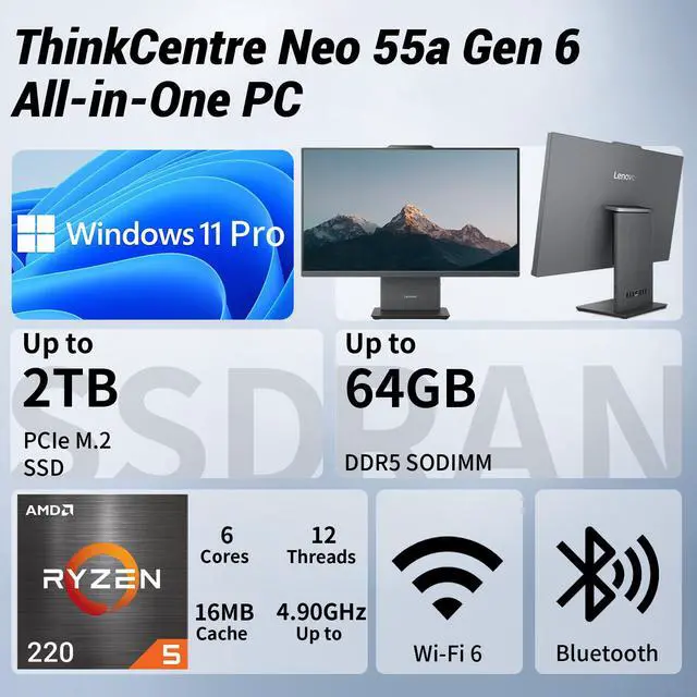 Alt view image 2 of 7 - Lenovo ThinkCentre neo 50a Business All-in-One, 23.8" FHD 100Hz Display, AMD Ryzen 5 220, 16GB DDR5 RAM, 1TB PCIe M.2 SSD, Wi-Fi 6, Windows 11 Pro, Black, w/Bundle