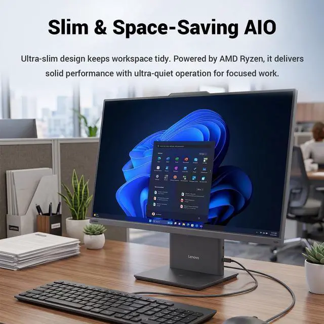 Alt view image 3 of 7 - Lenovo ThinkCentre neo 50a Business All-in-One, 23.8" FHD 100Hz Display, AMD Ryzen 5 220, 16GB DDR5 RAM, 1TB PCIe M.2 SSD, Wi-Fi 6, Windows 11 Pro, Black, w/Bundle