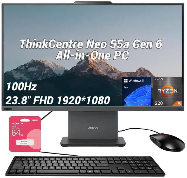 Main image of Lenovo ThinkCentre neo 50a Business All-in-One, 23.8" FHD 100Hz Display, AMD Ryzen 5 220, 16GB DDR5 RAM, 1TB PCIe M.2 SSD, Wi-Fi 6, Windows 11 Pro, Black, w/Bundle