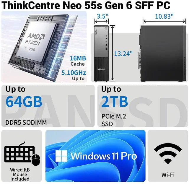 Alt view image 2 of 7 - Lenovo ThinkCentre neo 55s Business SFF Desktop, AMD Ryzen 7 250, 16GB DDR5 RAM, 512GB PCIe M.2 SSD, Wi-Fi 5, Windows 11 Pro, Black, w/Bundle