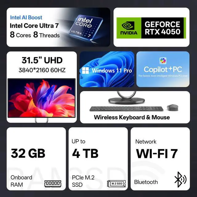 Alt view image 2 of 7 - Lenovo Yoga AIO 32i Premium All-in-One, 31.5" UHD Display, Intel Core Ultra 7 258V, NVIDIA GeForce RTX 4050, 32GB RAM, 1TB PCIe M.2 SSD, Wi-Fi 7, Windows 11 Pro, Grey, w/Bundle