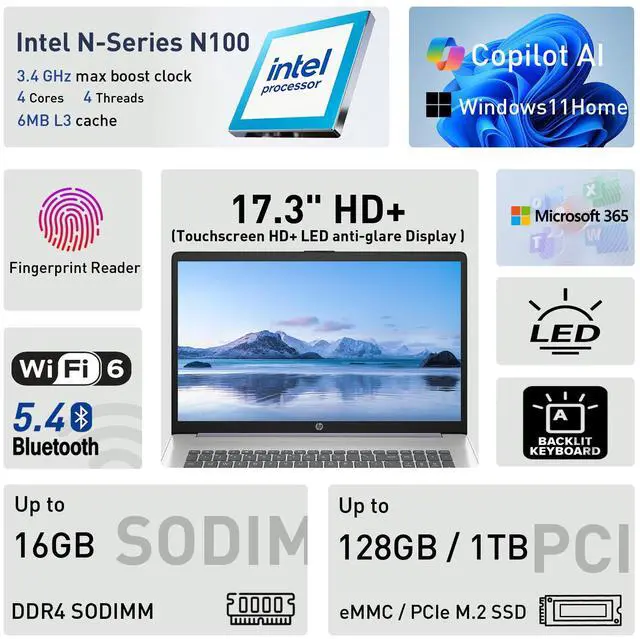 Alt view image 2 of 7 - HP 17 Laptop, 17.3" HD+ Touchscreen, Intel N-Series N100, 16GB RAM, 128GB eMMC + 1TB PCIe M.2 SSD, Wi-Fi 6, Windows 11 Home, Blue