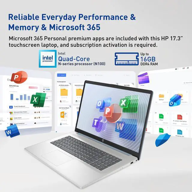 Alt view image 7 of 7 - HP 17 Laptop, 17.3" HD+ Touchscreen, Intel N-Series N100, 16GB RAM, 128GB eMMC + 1TB PCIe M.2 SSD, Wi-Fi 6, Windows 11 Home, Blue