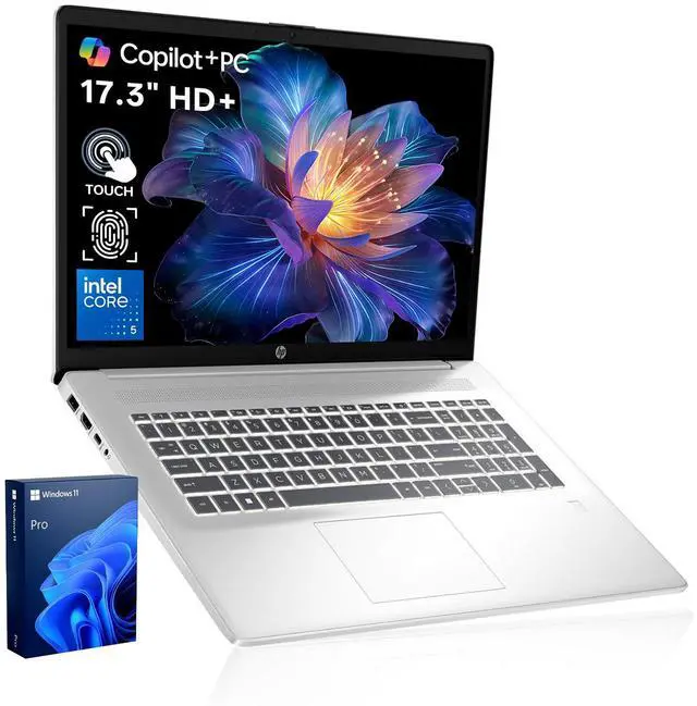 Main image of HP 17t Premium Business Laptop, 17.3" HD+ Touchscreen, Intel Core 5 120U, 64GB RAM, 1TB SSD, Wi-Fi 6, Windows 11 Pro, Silver