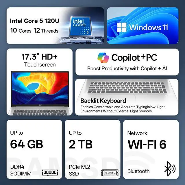 Alt view image 2 of 7 - HP 17t Premium Laptop, 17.3" HD+ Touchscreen, Intel Core 5 120U, 32GB RAM, 2TB SSD, Wi-Fi 6, Windows 11 Home, Silver, w/Bundle