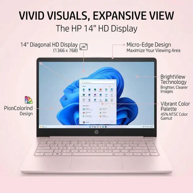 Alt view image 3 of 7 - HP 14 Laptop, 14" HD Screen, Intel N-Series N150, 4GB RAM, 128GB eMMC, Wi-Fi 6, Windows 11 Home, Pink