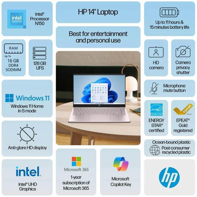 Alt view image 2 of 7 - HP 14 Laptop, 14" HD Screen, Intel N-Series N150, 4GB RAM, 128GB eMMC, Wi-Fi 6, Windows 11 Home, Pink