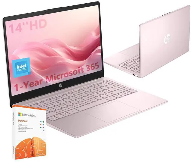 Main image of HP 14 Laptop, 14" HD Screen, Intel N-Series N150, 4GB RAM, 128GB eMMC, Wi-Fi 6, Windows 11 Home, Pink