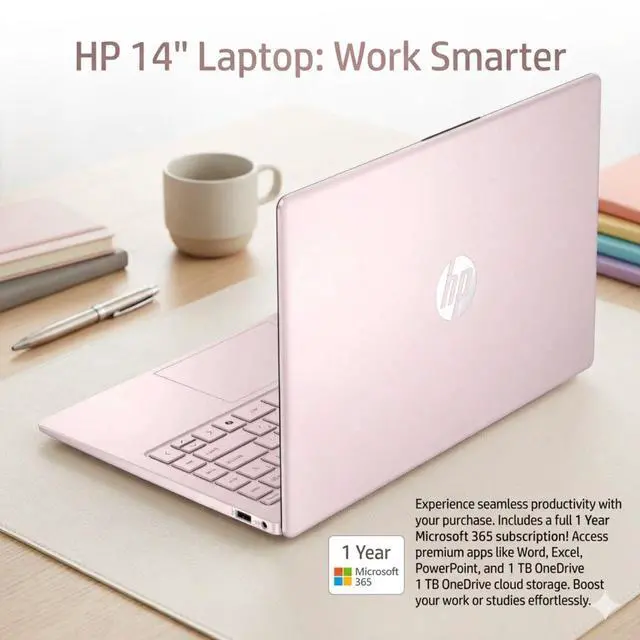 Alt view image 4 of 7 - HP 14 Laptop, 14" HD Screen, Intel N-Series N150, 4GB RAM, 128GB eMMC, Wi-Fi 6, Windows 11 Home, Pink