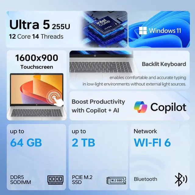 Alt view image 2 of 7 - HP 17t Premium Business Laptop, 17.3" HD+ Touchscreen, Intel Core Ultra 5 225U, 16GB DDR5 RAM, 2TB SSD, Fingerprint Reader, Webcam, Wi-Fi 6, Windows 11 Pro, Silver