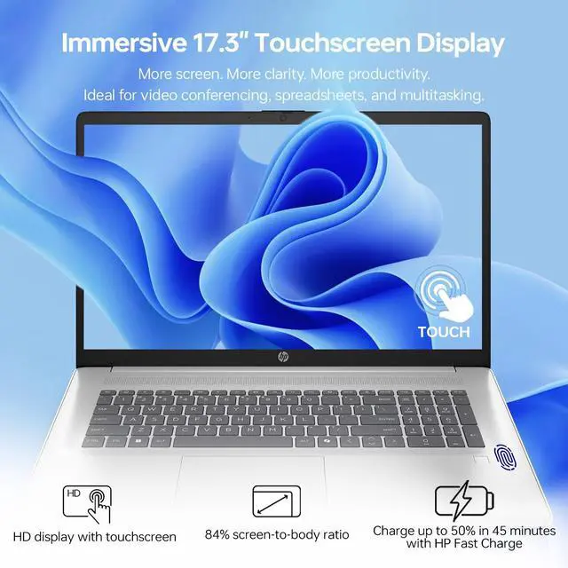 Alt view image 4 of 7 - HP 17t Premium Business Laptop, 17.3" HD+ Touchscreen, Intel Core Ultra 5 225U, 16GB DDR5 RAM, 2TB SSD, Fingerprint Reader, Webcam, Wi-Fi 6, Windows 11 Pro, Silver
