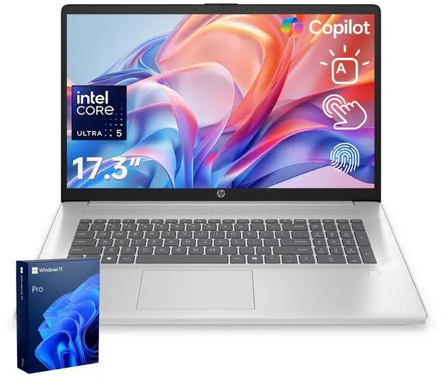 Main image of HP 17t Premium Business Laptop, 17.3" HD+ Touchscreen, Intel Core Ultra 5 225U, 16GB DDR5 RAM, 2TB SSD, Fingerprint Reader, Webcam, Wi-Fi 6, Windows 11 Pro, Silver