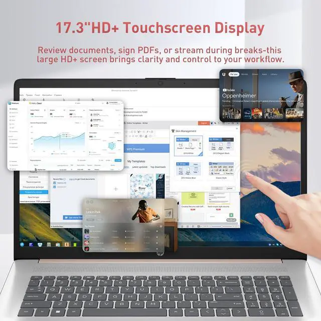 Alt view image 3 of 6 - HP 17.3" Touchscreen HD+ Business Laptop, Intel Core i7-1355U, 16GB RAM, 512GB SSD, Fingerprint Reader, Backlit Keyboard, Wi-Fi 6, Windows 11 Pro, Rose, w/PCO Bundle