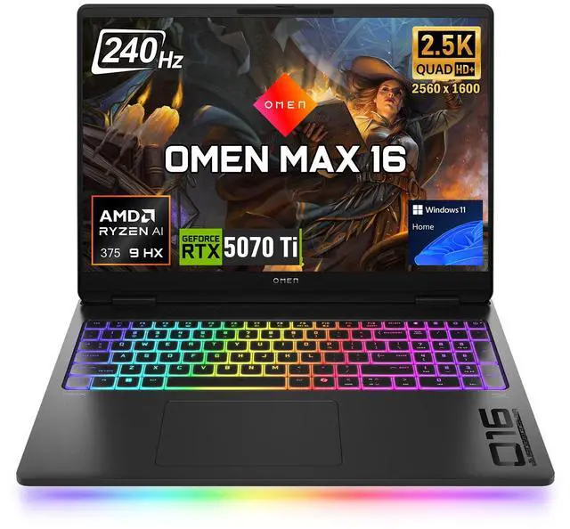 Main image of HP Omen MAX 16 Gaming Laptop, 16" WQXGA 240Hz 500nits Screen, AMD Ryzen AI 9 HX 375, NVIDIA GeForce RTX 5070 Ti, 16GB DDR5 RAM, 1TB SSD, Per-Key RGB Backlit KB, Wi-Fi 7, Windows 11 Home, Black