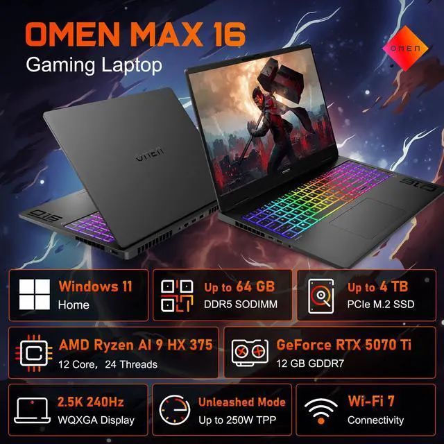 Alt view image 2 of 7 - HP Omen MAX 16 Gaming Laptop, 16" WQXGA 240Hz 500nits Screen, AMD Ryzen AI 9 HX 375, NVIDIA GeForce RTX 5070 Ti, 16GB DDR5 RAM, 1TB SSD, Per-Key RGB Backlit KB, Wi-Fi 7, Windows 11 Home, Black