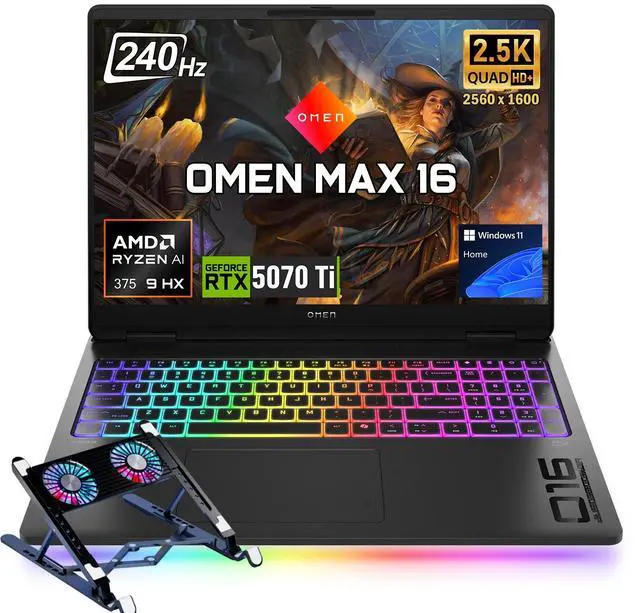 Main image of HP Omen MAX 16 Gaming Laptop, 16" WQXGA 240Hz 500nits Screen, AMD Ryzen AI 9 HX 375, NVIDIA RTX 5070 Ti, 64GB DDR5 RAM, 4TB SSD, Per-Key RGB Backlit KB, Wi-Fi 7, Win11 Home, Black, w/Bundle