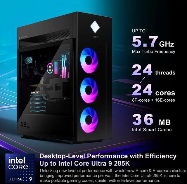 Alt view image 2 of 7 - HP Omen 45L Gaming Desktop, Intel Core Ultra 9 285K, NVIDIA GeForce RTX 5090, 128GB DDR5 RAM, 4TB PCIe M.2 SSD + 4TB SSD, Light Studio, Wi-Fi 6E, AI Ready, Windows 11 Pro, Black