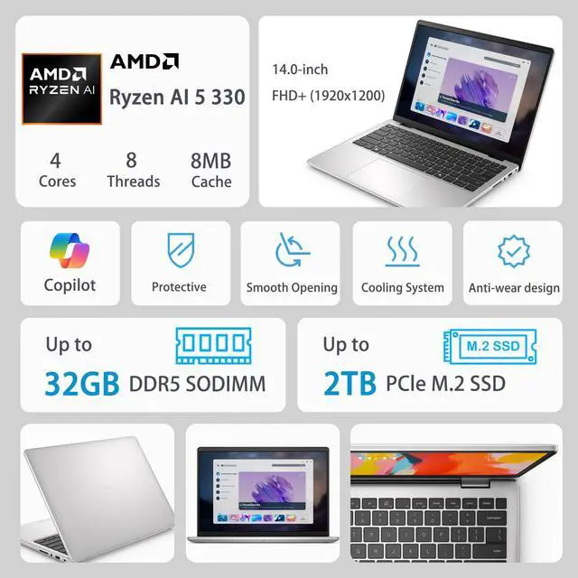 Alt view image 2 of 6 - Dell 14 Copilot+ Laptop, 14" FHD+ Display, AMD Ryzen AI 5 330, 16GB DDR5 RAM, 512GB SSD, Backlit Keyboard, Webcam, Type-C, Wi-Fi 6, Windows 11 Home, Silver