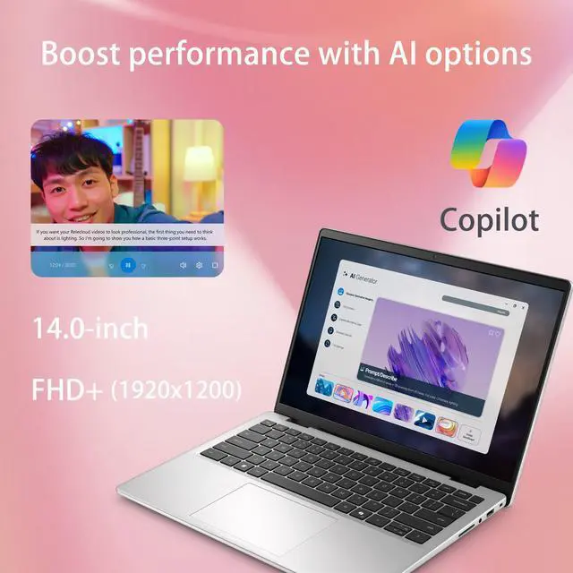 Alt view image 3 of 6 - Dell 14 Copilot+ Laptop, 14" FHD+ Display, AMD Ryzen AI 5 330, 16GB DDR5 RAM, 512GB SSD, Backlit Keyboard, Webcam, Type-C, Wi-Fi 6, Windows 11 Home, Silver